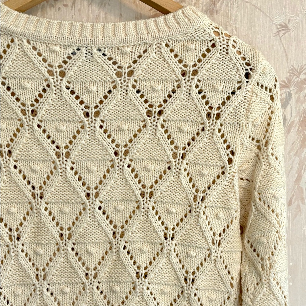 Tommy Hilfiger Cream Open Knit Diamond Pointelle Pom Pom Sweater SP - Picture 3 of 8